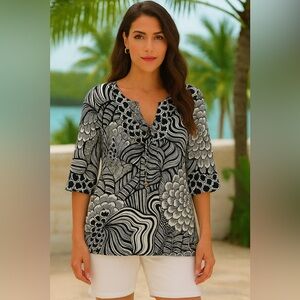 Trina Turk Floral Abstract Blouse Black/White Size Small